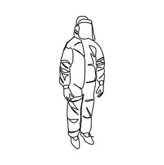 Fototapeta na wymiar Man in cover all protective suite prevent from virus infection. Continuous one line drawing design for health concept 