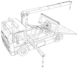 Tow truck for transportation faults. Wire-frame line isolated. Vector rendering of 3d.