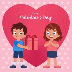 a boy gives a gift box to a girl for Valentine's Day with a pink background