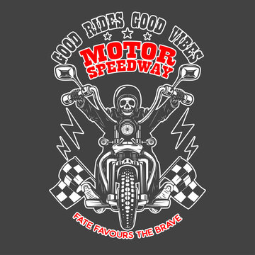 Motor speedway. Emblem template with skeleton on vintage motorcycle. Design element for logo, label, sign, emblem, poster. Vector illustration