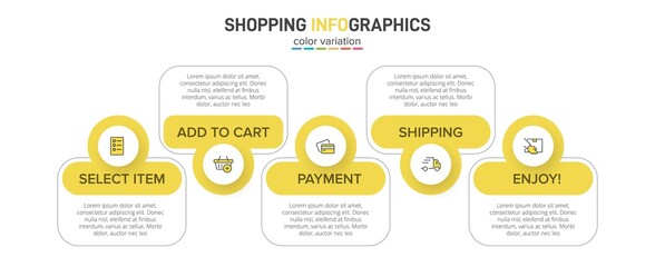 Concept of shopping process with 5 successive steps. Five colorful graphic elements. Timeline design for brochure, presentation, web site. Infographic design layout.