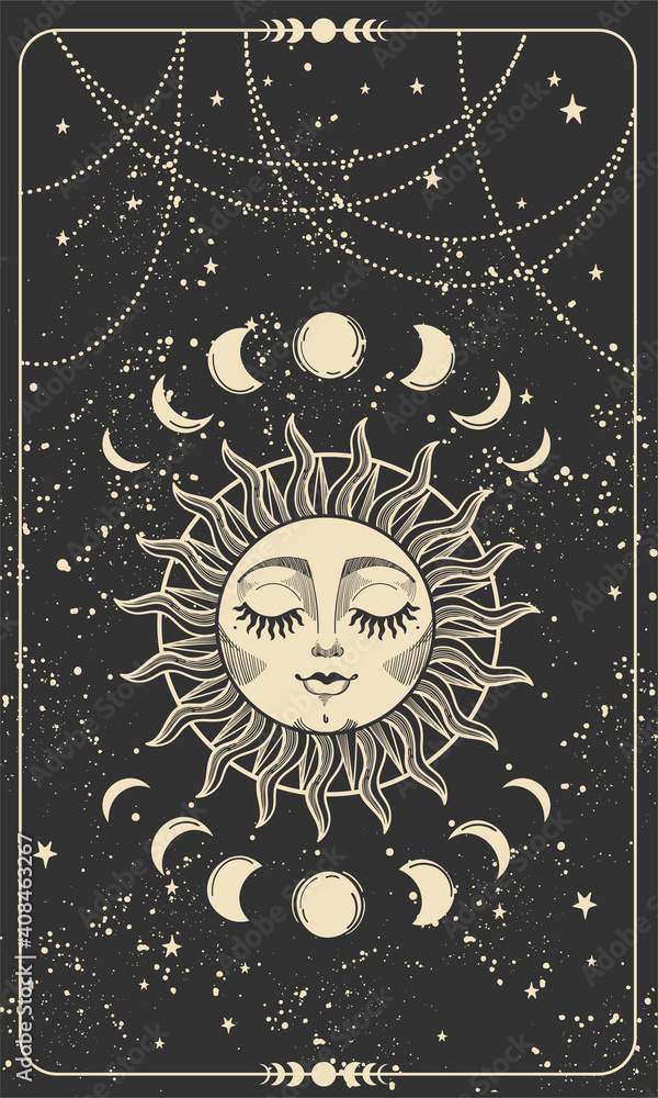 Wall mural tarot card with sun with face, moon phases and stars. magic card, bohemian design, tattoo, engraving