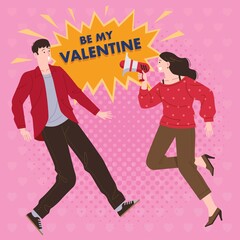 a woman using a megaphone asks if a man wants to be her partner on valentine's day with a pink background