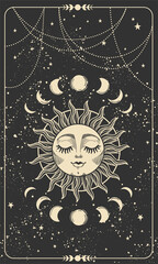 Tarot card with sun with face, moon phases and stars. Magic card, bohemian design, tattoo, engraving, witch cover. Golden mystical hand drawing on a black background.
