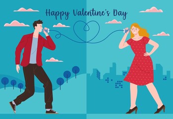a man sends a message of love to his female partner using a string telephone in a different city, representing a long distance relationship on Valentine's Day