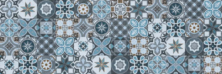 Seamless tiles background in portuguese style. Blue and white mosaic pattern. Tiles for ceramic in dutch, portuguese, spanish, italian style.