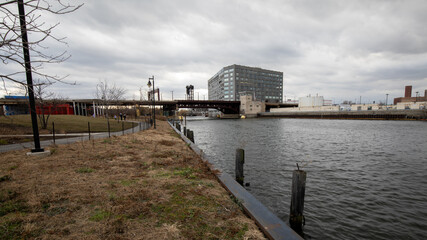 Chicago, Illinois, USA - December 23 2020: South Branch Chicago River. View from Ping Tom memorial...