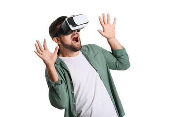 Young man with virtual reality glasses on white background