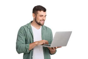 Young man with laptop on white background