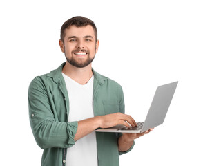 Young man with laptop on white background
