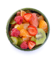 Bowl with fruit salad on white background