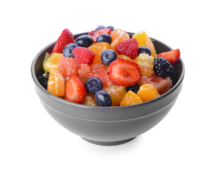 Bowl with fruit salad on white background