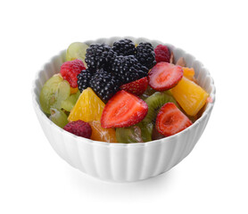 Bowl with fruit salad on white background