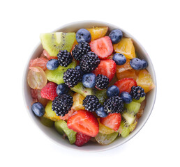 Bowl with fruit salad on white background