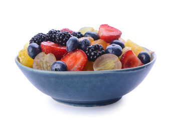 Bowl with fruit salad on white background