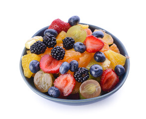 Bowl with fruit salad on white background