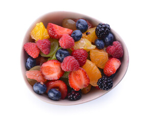 Bowl with fruit salad on white background