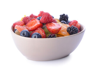 Bowl with fruit salad on white background