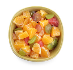 Bowl with fruit salad on white background