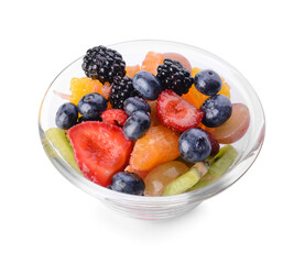 Bowl with fruit salad on white background