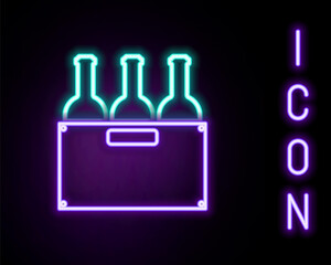 Glowing neon line Bottles of wine in a wooden box icon isolated on black background. Wine bottles in a wooden crate icon. Colorful outline concept. Vector.