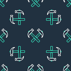 Line Two crossed hammers icon isolated seamless pattern on black background. Tool for repair. Vector.