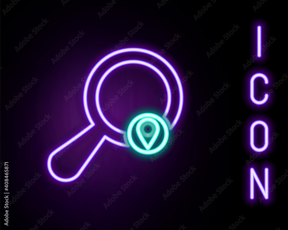 Poster glowing neon line search location icon isolated on black background. magnifying glass with pointer s