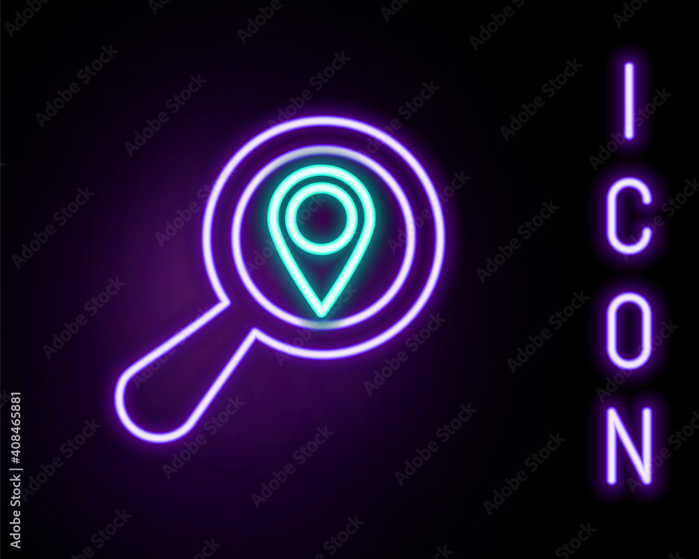 Poster glowing neon line search location icon isolated on black background. magnifying glass with pointer s