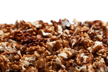 Peeled nuts are even layer. Side view