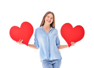 Young woman with red hearts on white background