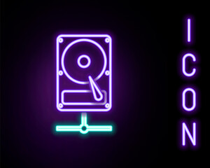 Glowing neon line Hard disk drive on sharing network icon isolated on black background. Colorful outline concept. Vector.
