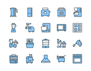 Kitchen appliances line icon set blue color. Vector illustration household equipment for cooking. Editable strokes