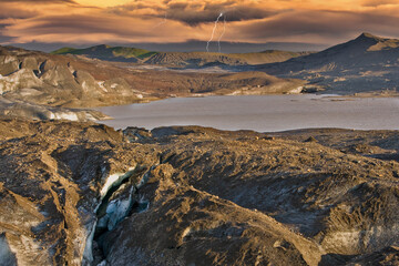 Landscape view of Landmannalaugar colorful mountains and glacier, Iceland