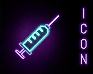 Glowing neon line Syringe icon isolated on black background. Syringe for vaccine, vaccination, injection, flu shot. Medical equipment. Colorful outline concept. Vector.