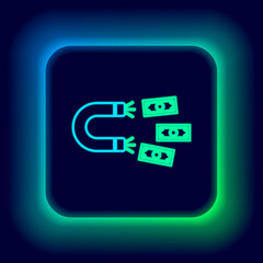 Glowing neon line Magnet with money icon isolated on black background. Concept of attracting investments, money. Big business profit attraction and success. Colorful outline concept. Vector.