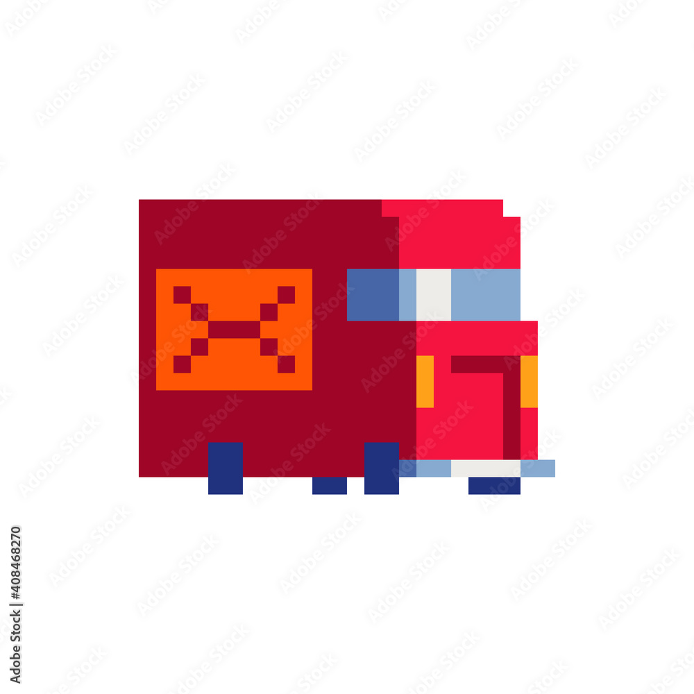 Poster red van. post truck icon. pixel art style. web site design. 8-bit. retro video game sprite. isolated