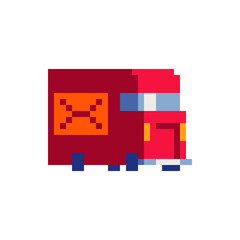 Obraz premium Red van. Post truck icon. Pixel art style. Web site design. 8-bit. Retro video game sprite. Isolated abstract vector illustration.