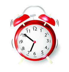 Realistic red alarm clock wake up time isolated on background. 3d vector illustration