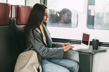 Freelance girl sitting on a train with a laptop. Modern technology and networking