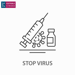 Vaccine and coronavirus line icon on white background. Editable stroke.