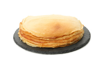 Tray with thin pancakes isolated on white background