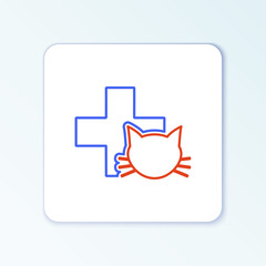 Line Veterinary clinic symbol icon isolated on white background. Cross with cat veterinary care. Pet First Aid sign. Colorful outline concept. Vector.