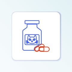 Line Cat medicine bottle and pills icon isolated on white background. Container with pills. Prescription medicine for animal. Colorful outline concept. Vector.