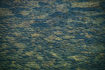 Meditative ripple of mountain lake. Beautiful relaxing background of blue green transparent water of glacial lake in sunlight. Sunny nature backdrop with many stones in clear water of glacier lake.