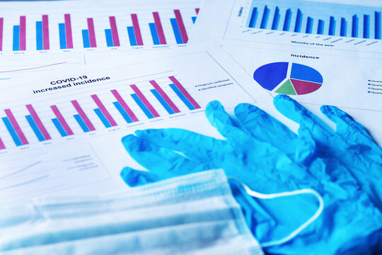 Graph of the incidence of coronavirus. Gloves, medical mask.