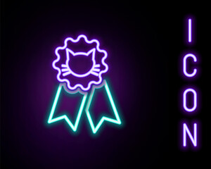 Glowing neon line Cat award symbol icon isolated on black background. Medal with cat footprint as pets exhibition winner concept. Colorful outline concept. Vector.