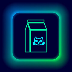 Glowing neon line Bag of food for cat icon isolated on black background. Food for animals. Pet food package. Colorful outline concept. Vector.