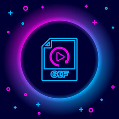 Glowing neon line GIF file document. Download gif button icon isolated on black background. GIF file symbol. Colorful outline concept. Vector.