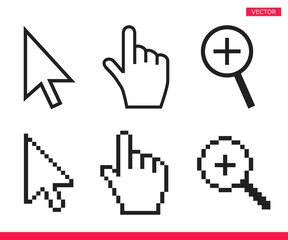 Black and white arrow, hand and magnifier mouse cursor icons vector illustration set flat style design isolated on gray background.