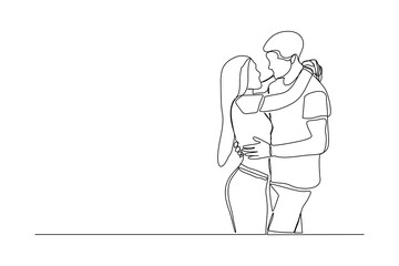 Continuous line drawing of romantic couple hug. Single one line art of young happy couple embracing